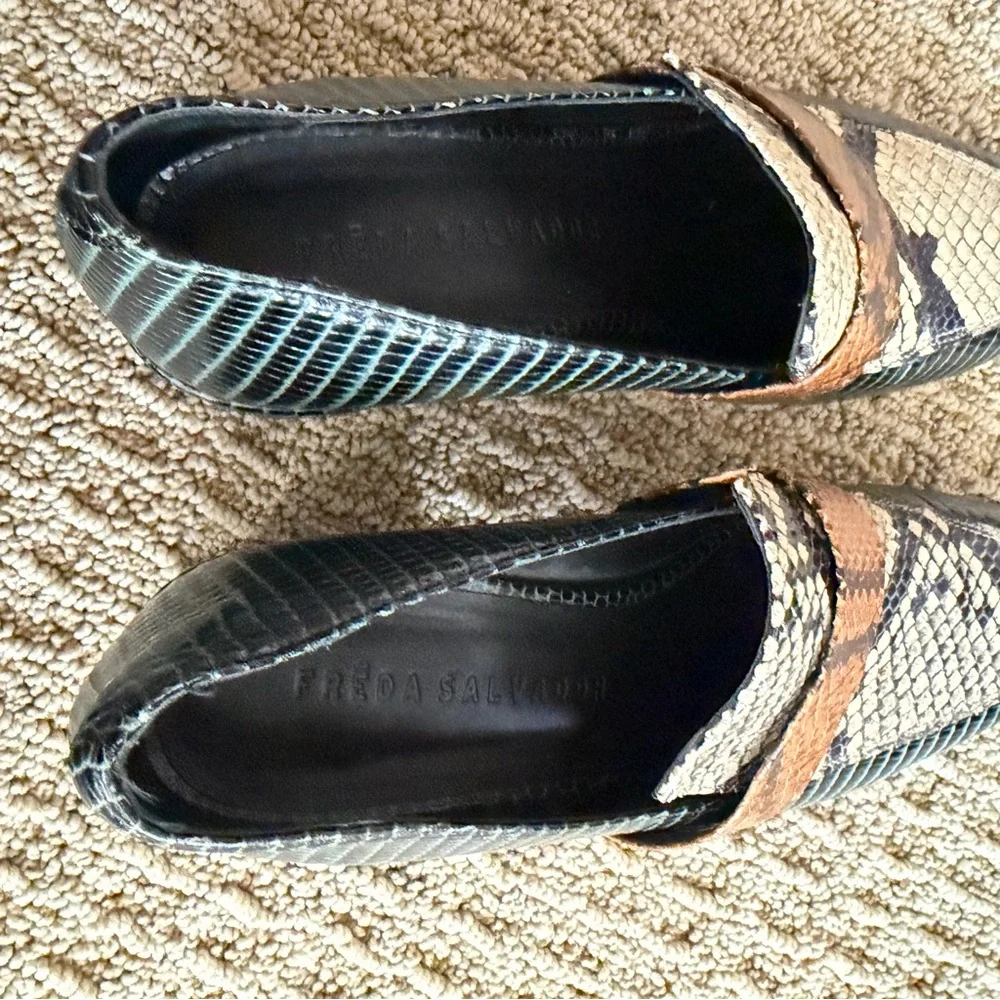Freda Salvador Black, Brown & Cream Snakeskin Loafers